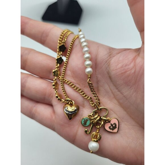 JUICY COUTURE Gold Tone Double Strand Charm Necklace Puffy Heart Spell out Pearl - Picture 11 of 11